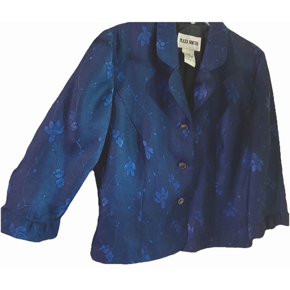 Vtg Plaza South 10T Blue Lightweight Blazer 3/4 Sl Notch Collar Jacquard Evening